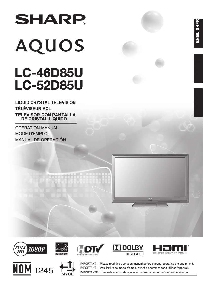 Page 1 de la notice Manuel utilisateur Sharp AQUOS LC-52D85U
