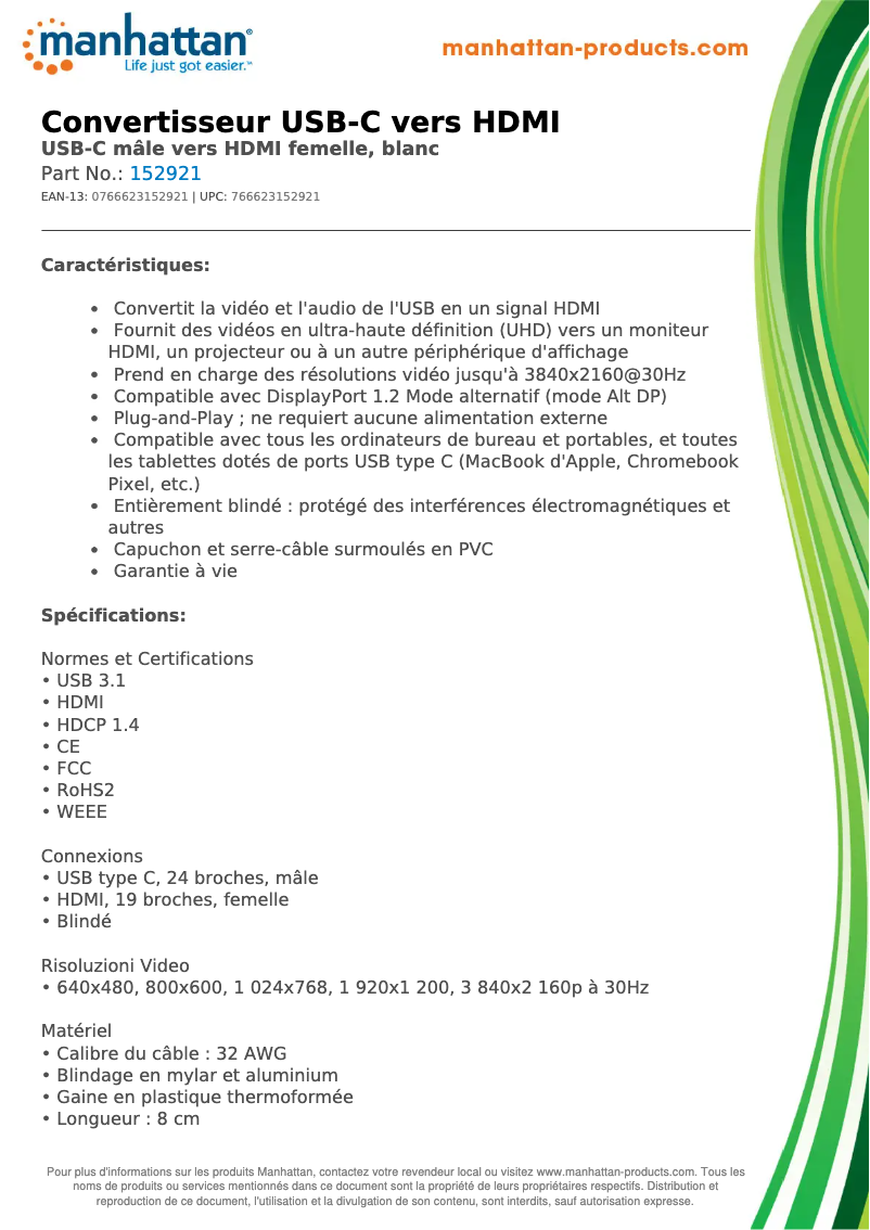 Page 1 de la notice Fiche technique Manhattan 152921
