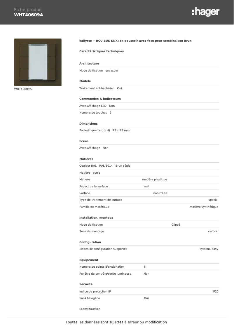 Page 1 de la notice Fiche technique Hager WHT40609A