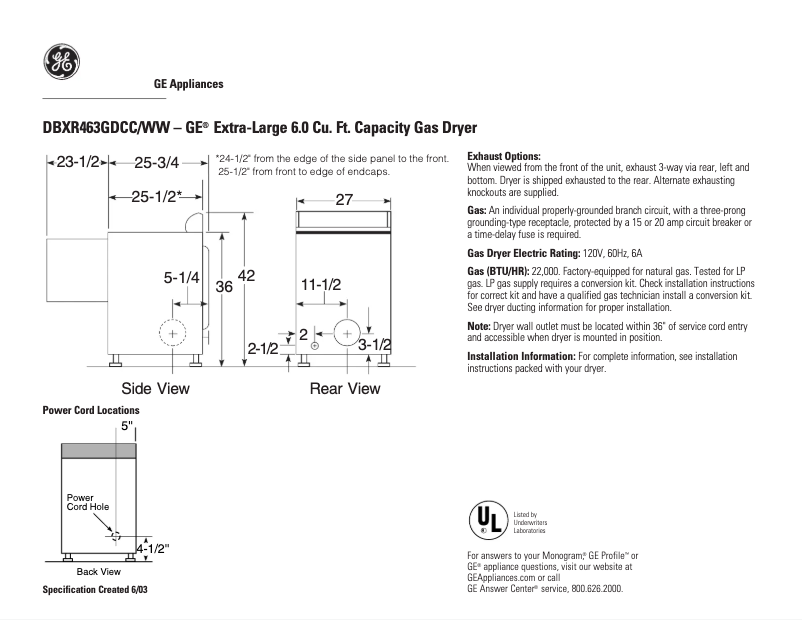 Page 1 of the manual Technical Sheet GE DBXR463GDCC