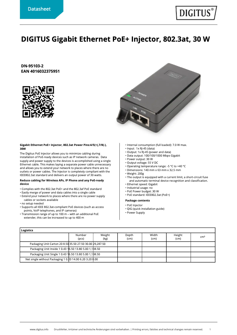 Page 1 de la notice Fiche technique Digitus DN-95103-2