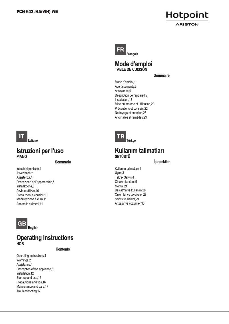 Page n°1 - Manuel utilisateur Hotpoint Ariston PCN 642 /HA(WH) WE