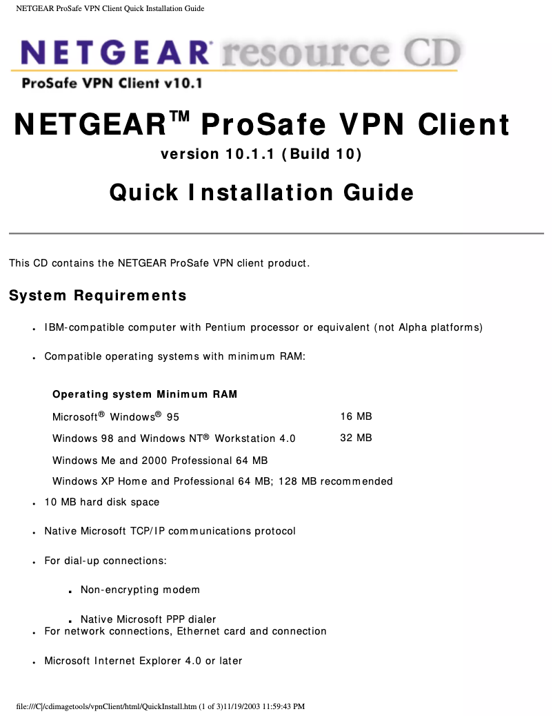 Page n°1 - Guide d'installation Netgear VPN05L