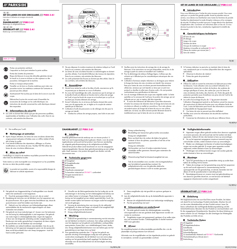 Page 1 de la notice Manuel utilisateur Parkside PSBS 3 A1