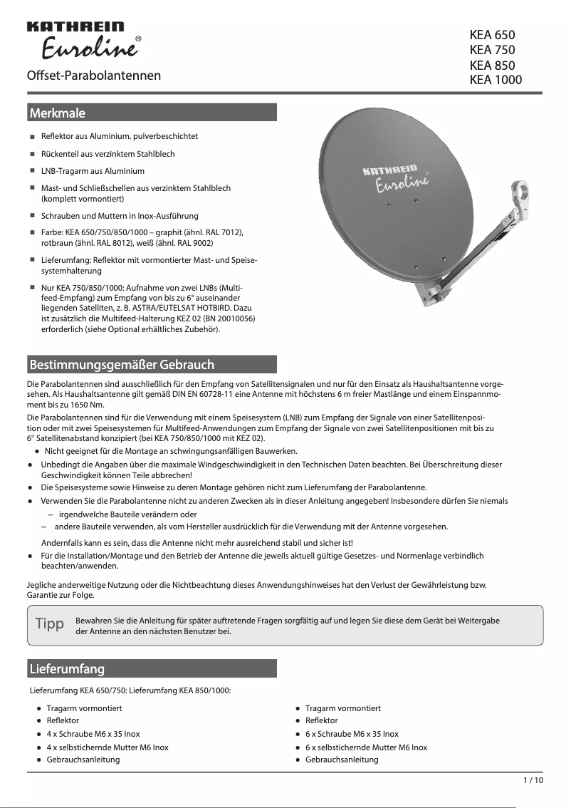 Page n°1 - Manuel utilisateur Kathrein Euroline KEA 750
