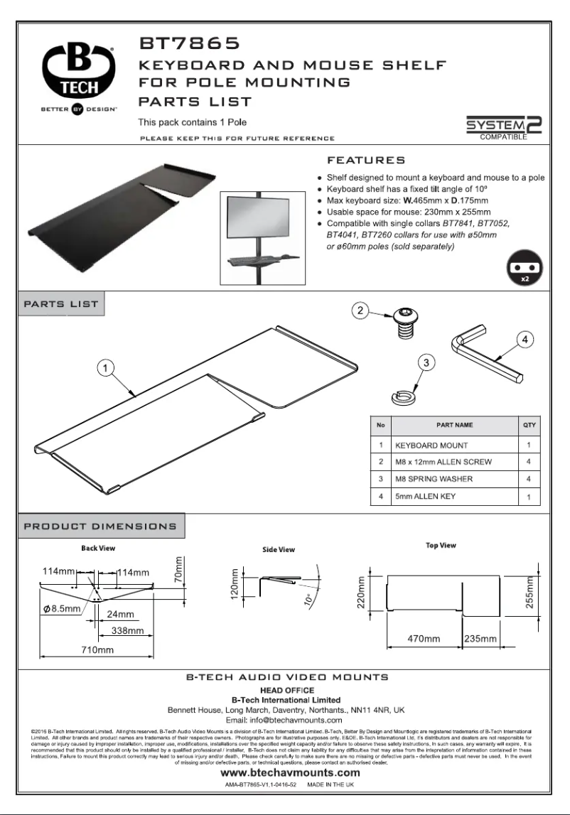 Page 1 de la notice Manuel utilisateur B-Tech BT7865