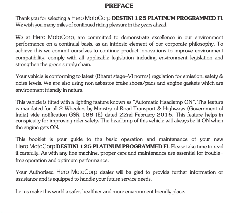 Page 1 de la notice Manuel utilisateur Hero Destini 125 Platinum (2021)