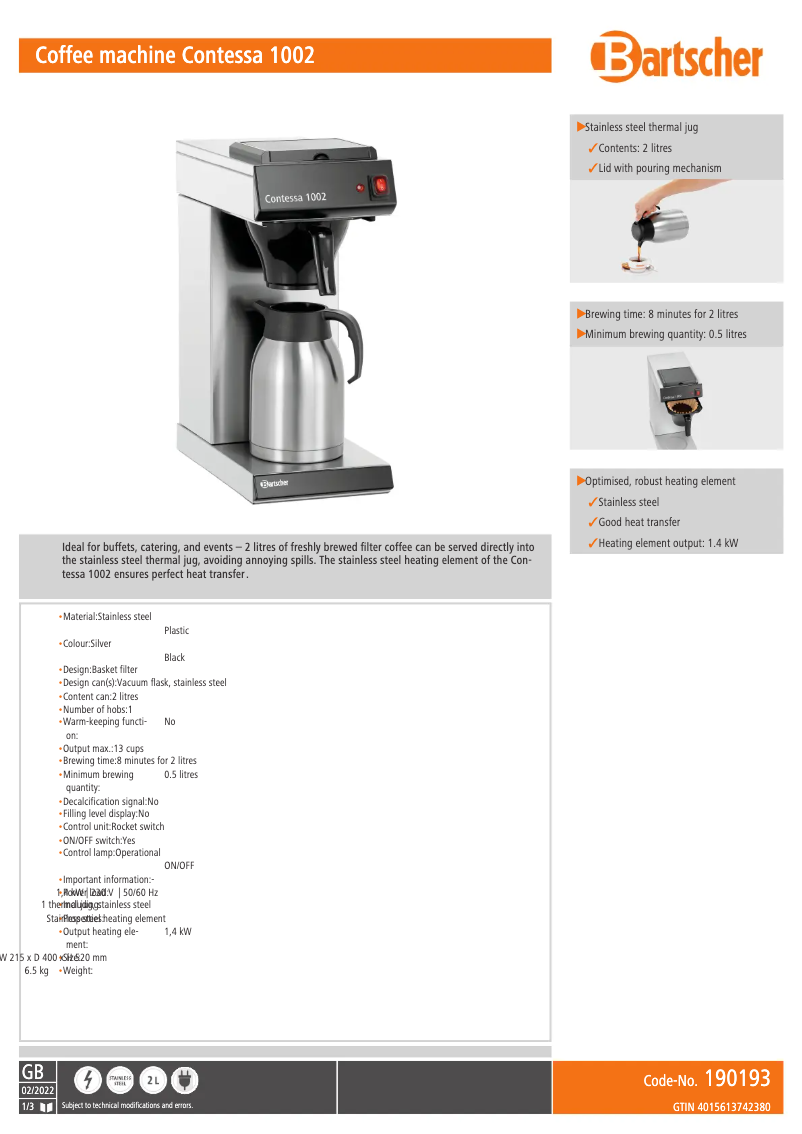 Page 1 de la notice Fiche technique Bartscher Contessa 1002