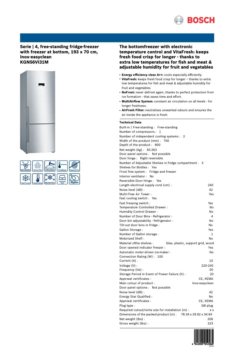 Page 1 de la notice Manuel utilisateur Bosch KGN56VI31M