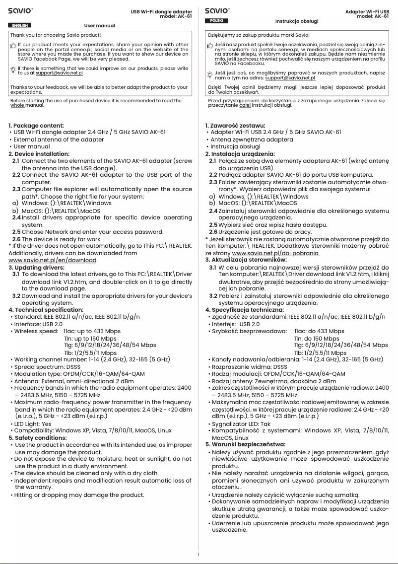 Page 1 de la notice Manuel utilisateur Savio AK-61