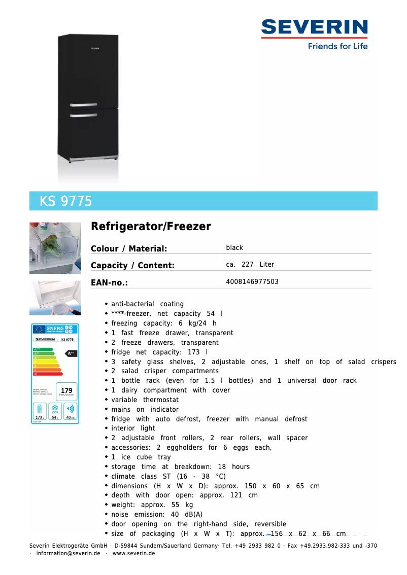 Page 1 de la notice Fiche technique Severin KS 9775