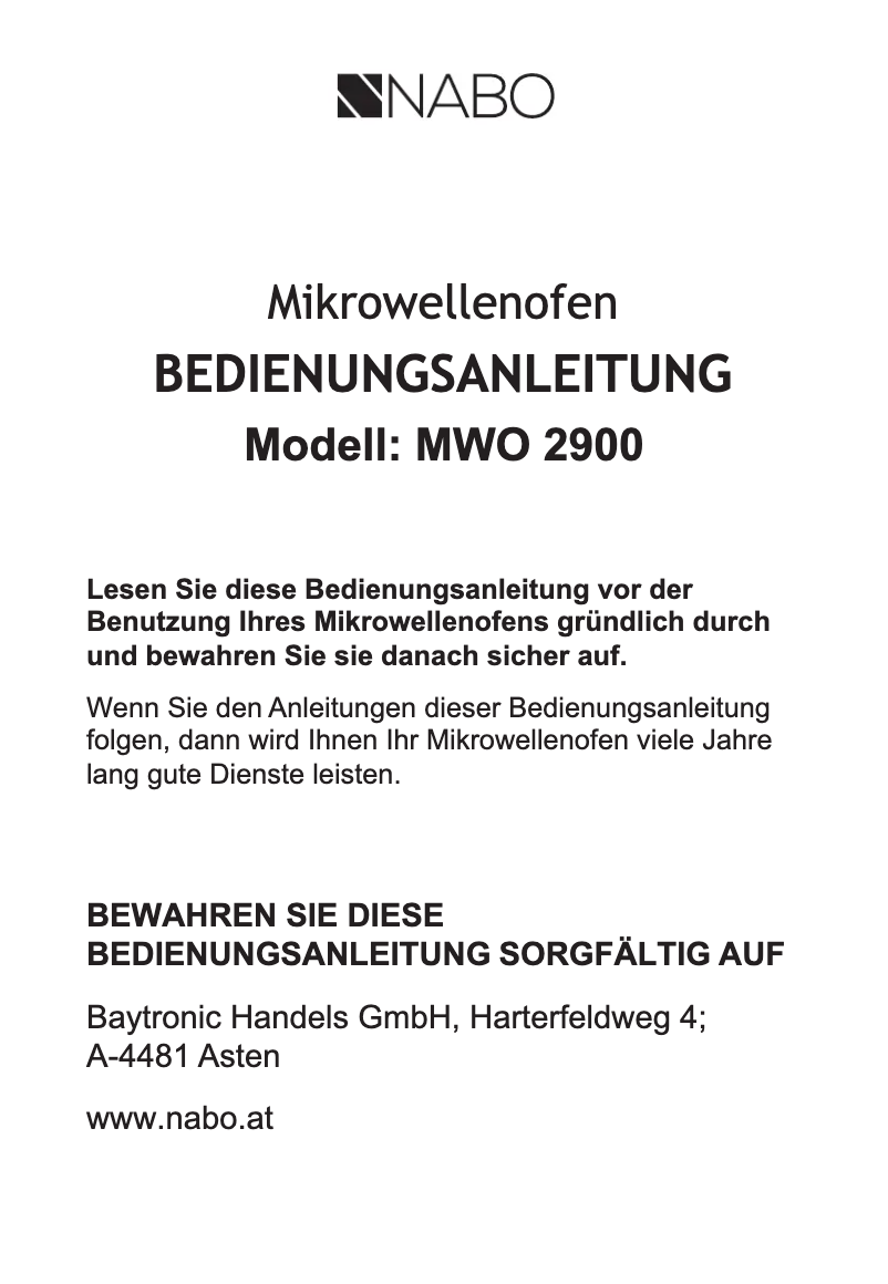 Page 1 de la notice Manuel utilisateur Nabo MWO 2900