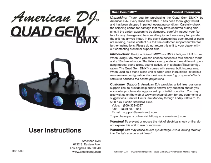 Imagen de la primera página del manual del dispositivo Quad Gem DMX