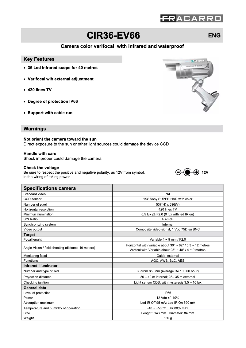 Page n°1 - Manuel utilisateur Fracarro CIR36-EV66