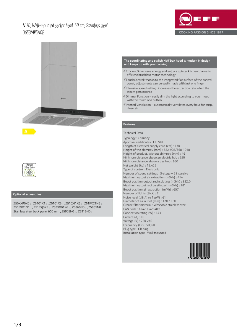 Page n°1 - Fiche technique Neff D65BMP5N0B