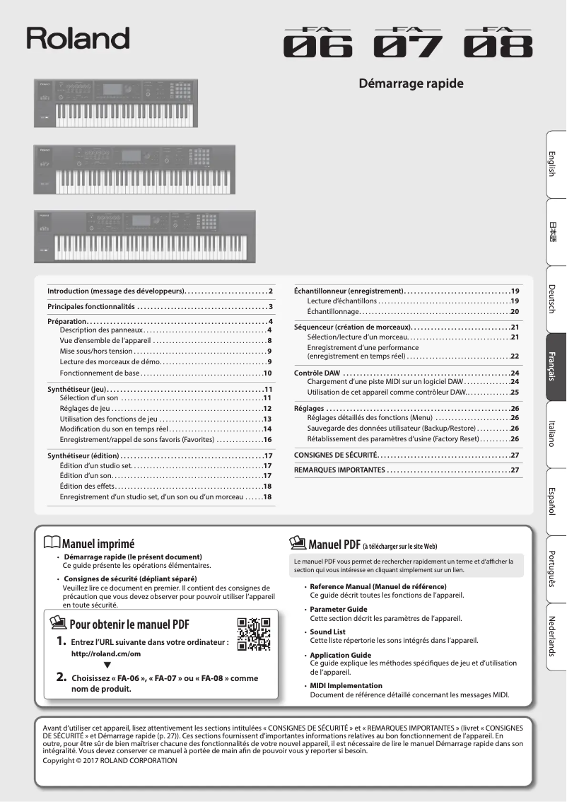 Page 1 de la notice Guide de démarrage rapide Roland FA-07