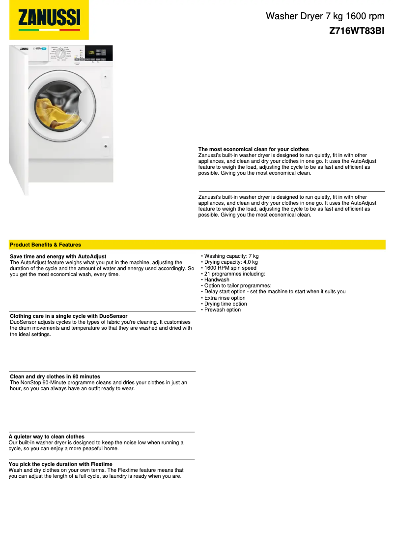 Page n°1 - Fiche technique Zanussi Z716WT83BI