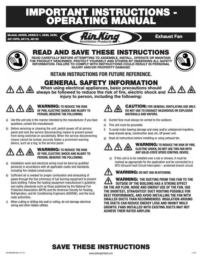 Page n°1 - Manuel utilisateur Air King AK110PN