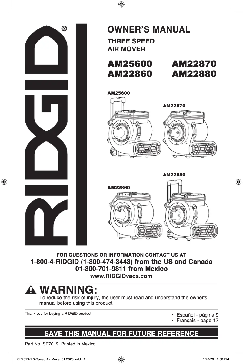 Page n°1 - Manuel utilisateur Ridgid AM2288RT