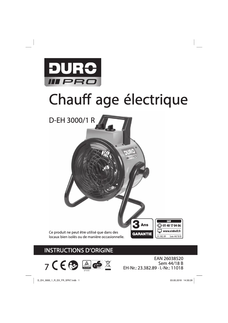 Page 1 de la notice Manuel utilisateur DURO PRO D-EH 3000/1 R