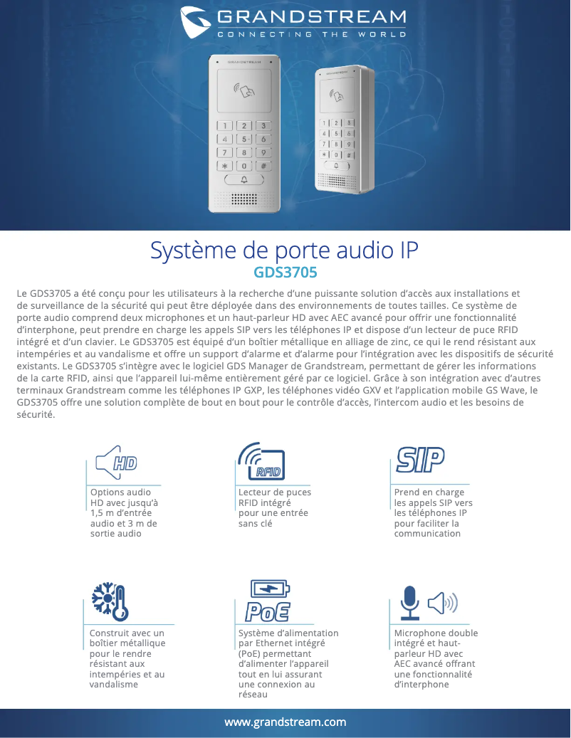 Page 1 de la notice Fiche technique Grandstream GDS3705