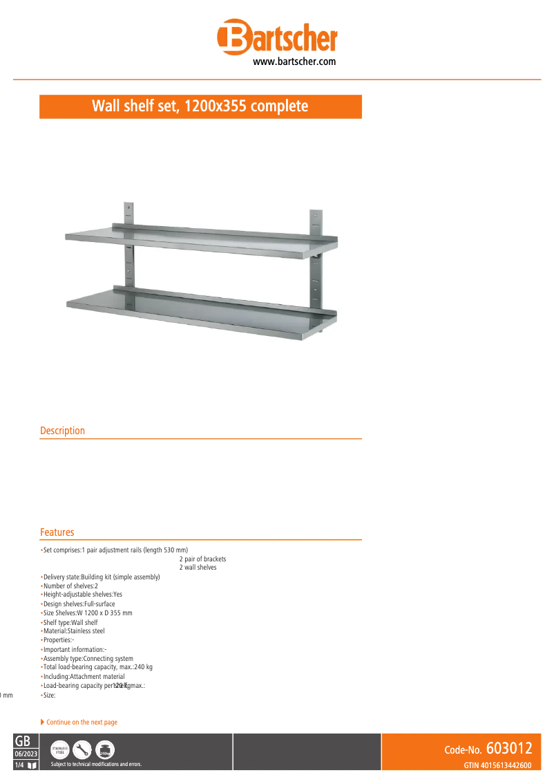 Page n°1 - Fiche technique Bartscher 603012