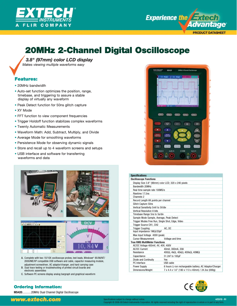 Page 1 de la notice Fiche technique Extech MS420