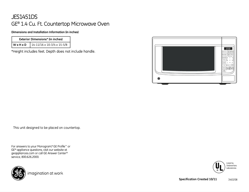 Page 1 de la notice Fiche technique GE JES1451DSBB