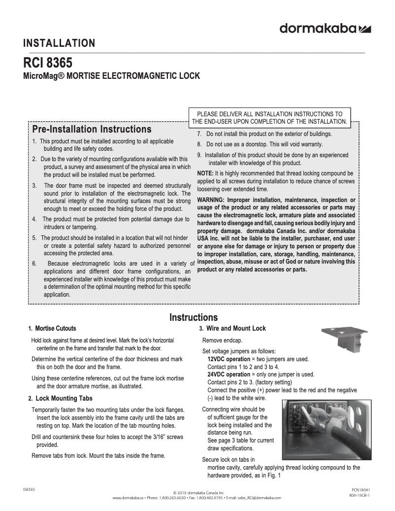 Page 1 de la notice Manuel utilisateur Dormakaba RCI 8365
