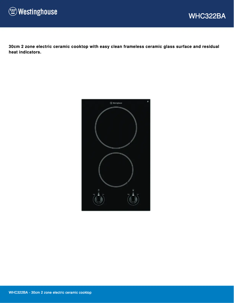 Page 1 de la notice Fiche technique Westinghouse WHC322BA
