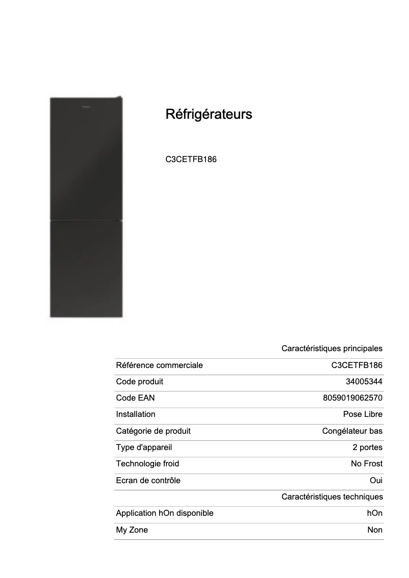 Page 1 de la notice Fiche technique Candy C3CETFB186