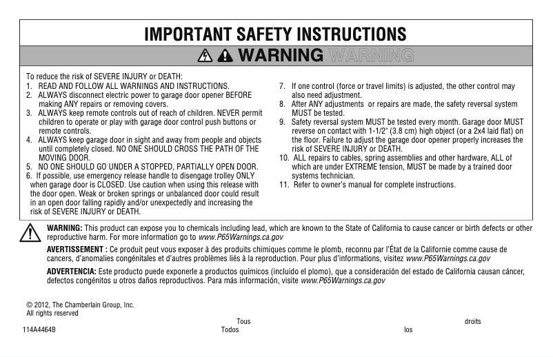 Page n°1 - Manuel utilisateur LiftMaster 041A5034