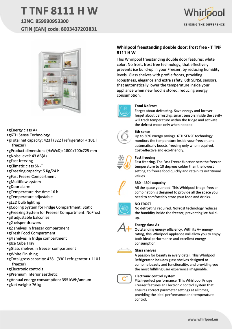 Page n°1 - Fiche technique Whirlpool T TNF 8111 H W