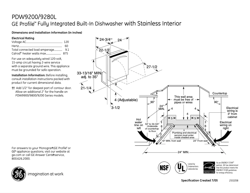 Page 1 de la notice Fiche technique GE PDW9200LWW