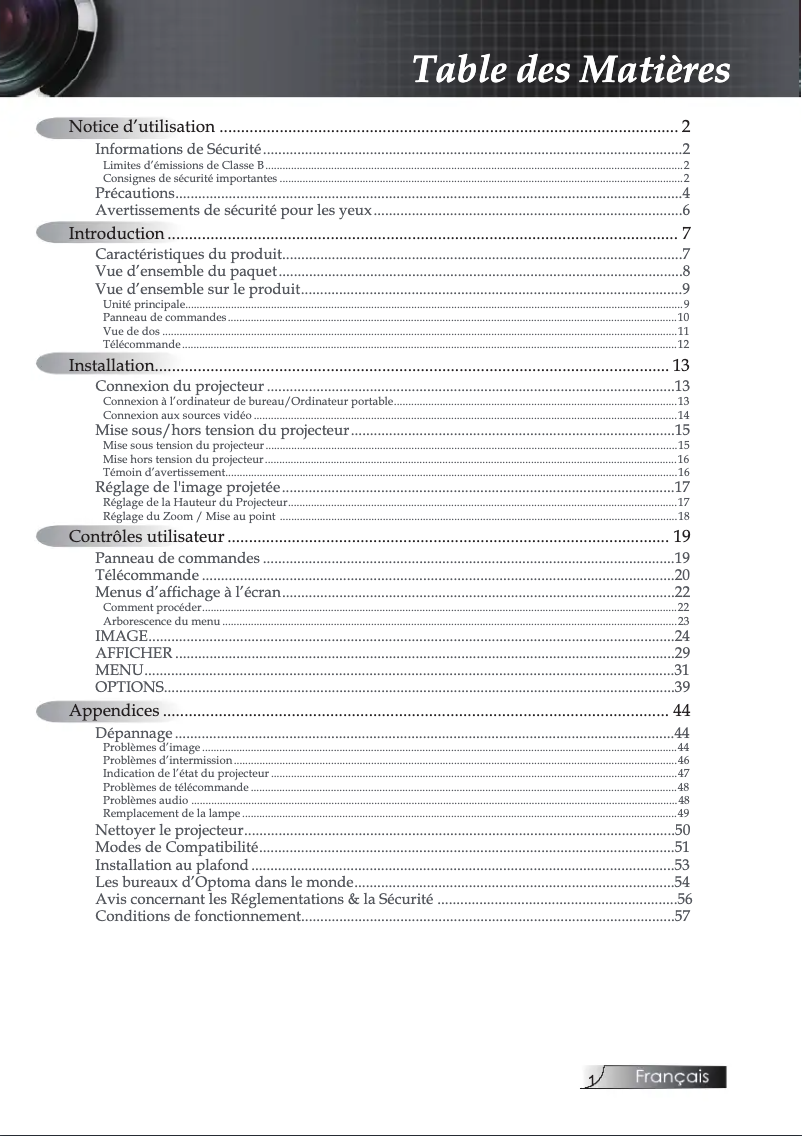 Page 1 de la notice Manuel utilisateur Optoma EP7155i