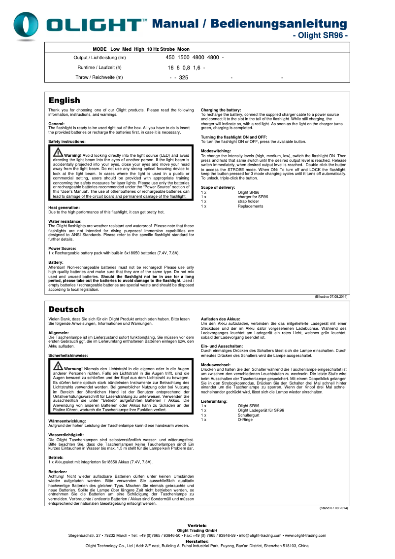 Page 1 de la notice Manuel utilisateur Olight SR96