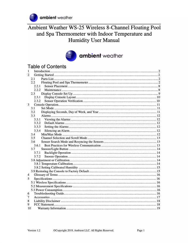 Page n°1 - Manuel utilisateur Ambient Weather WS-25