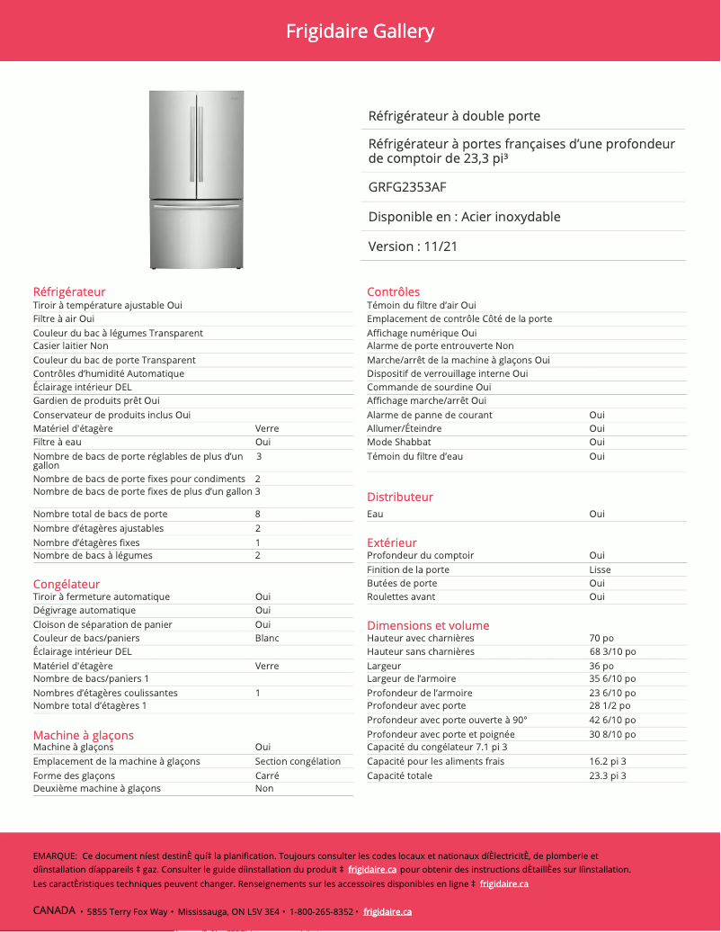 Página 1 del manual Ficha técnica Frigidaire GRFG2353AF