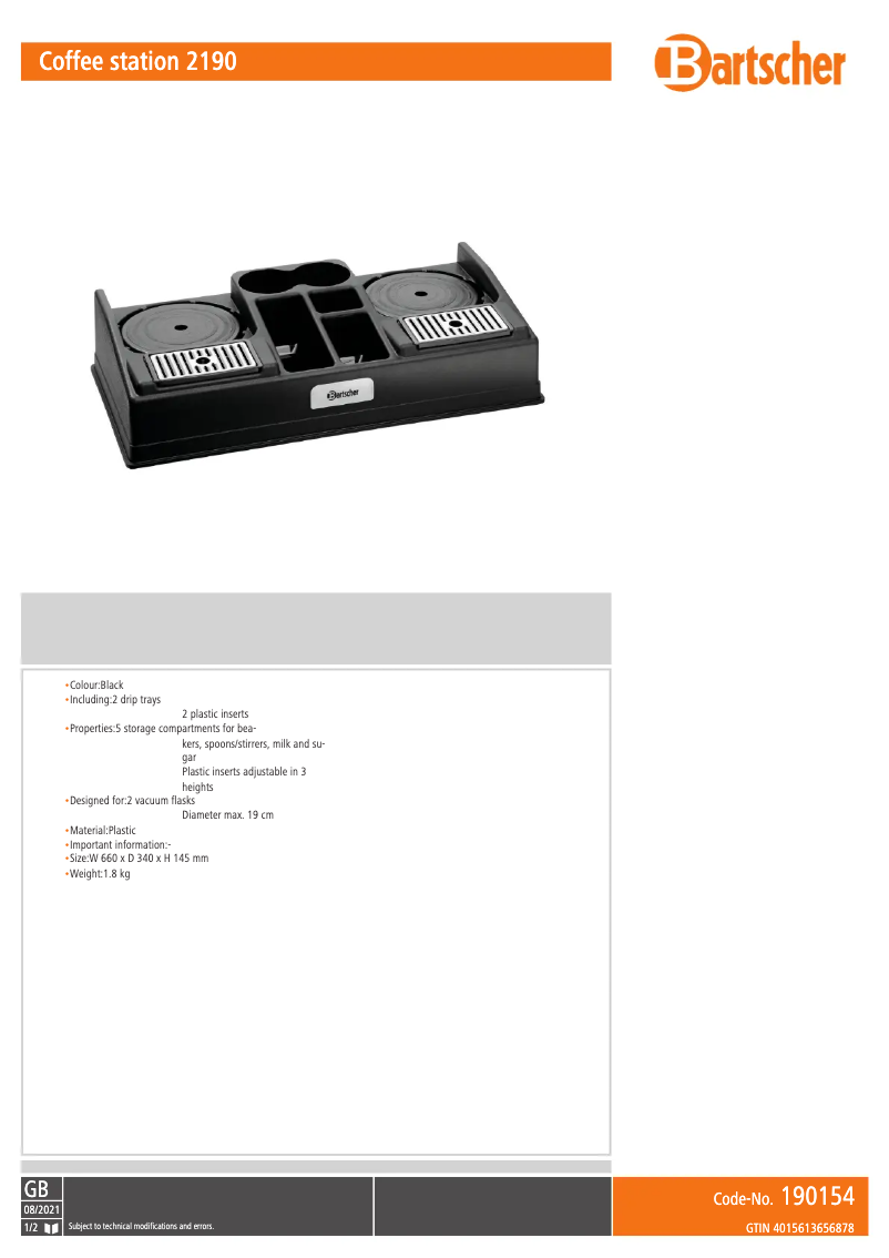 Page n°1 - Fiche technique Bartscher 190154