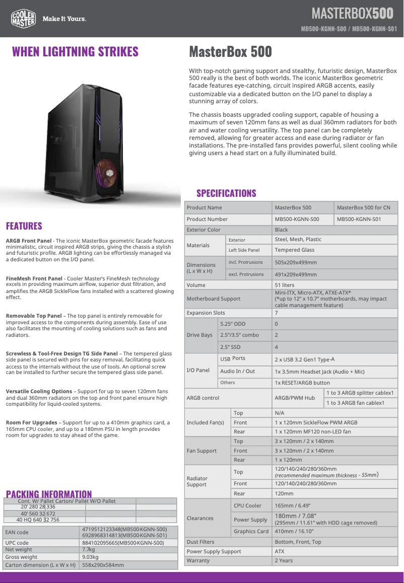 Page 1 de la notice Fiche technique Cooler Master MasterBox 500