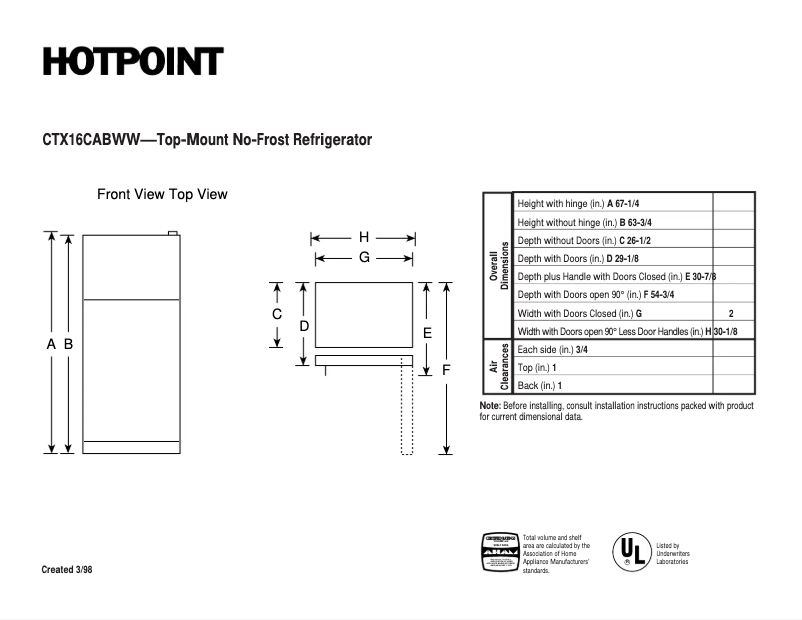 Page 1 de la notice Fiche technique Hotpoint CTX16CABRWW
