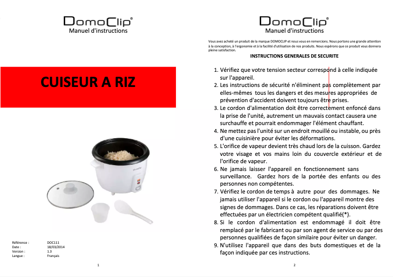 Page n°1 - Manuel utilisateur Domoclip DOC111