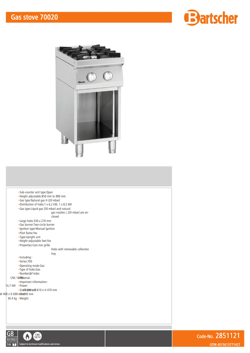 Page 1 de la notice Fiche technique Bartscher 2851121