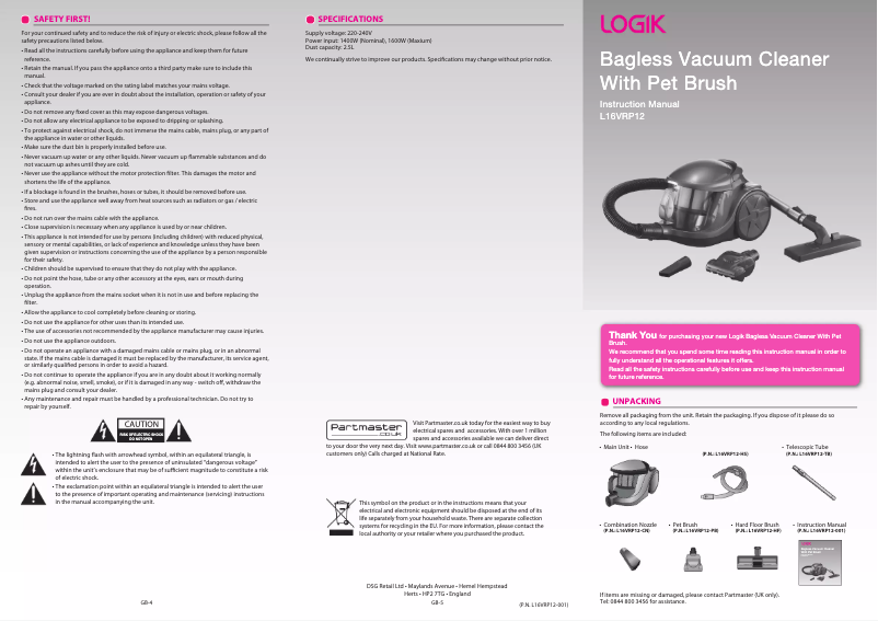 Page 1 de la notice Manuel utilisateur Logik L16VRP12