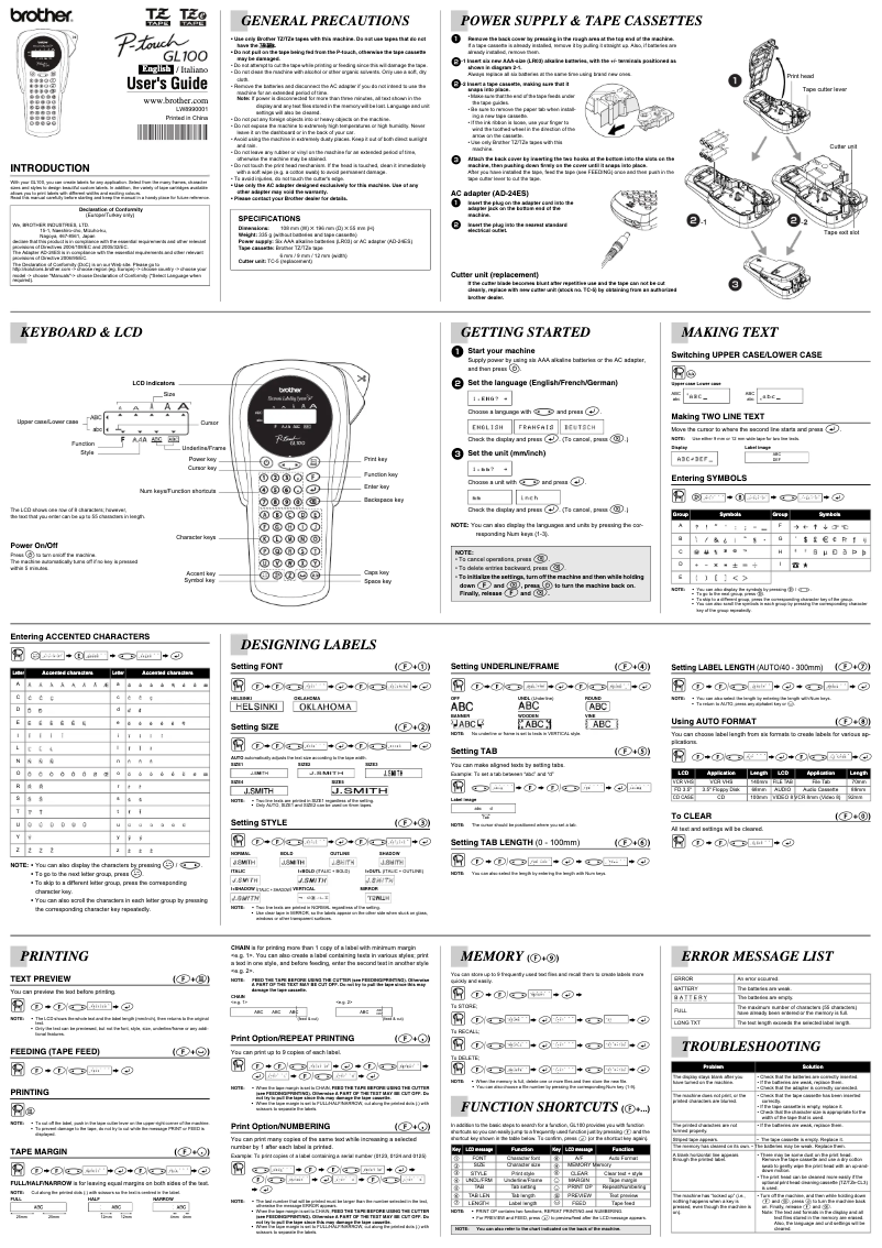 Page n°1 - Manuel utilisateur Brother GL100