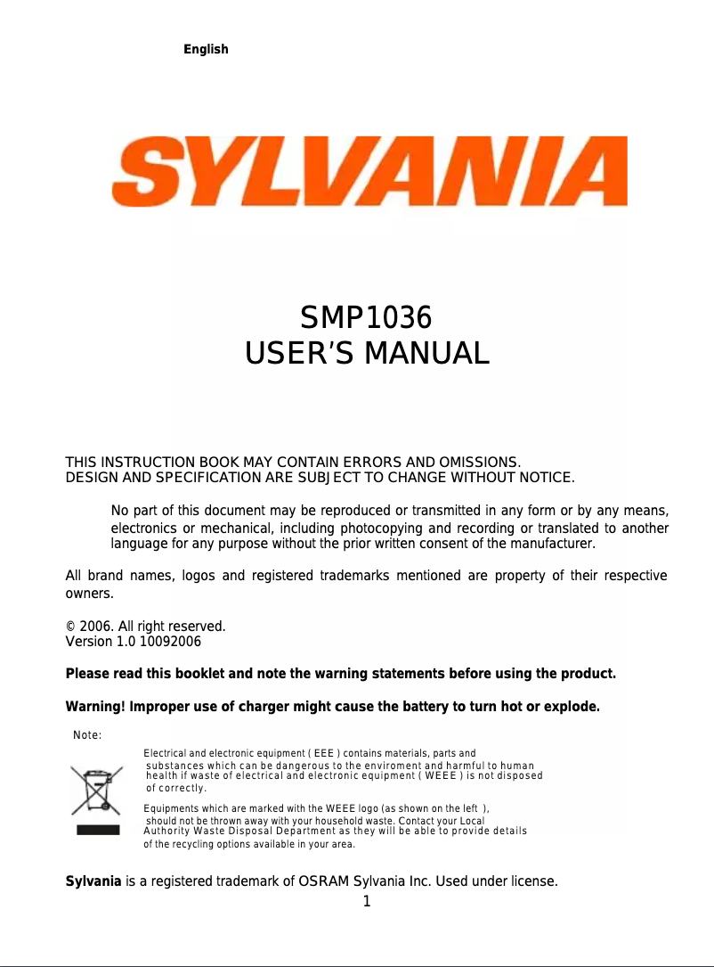 Page 1 de la notice Manuel utilisateur Sylvania SMP1036