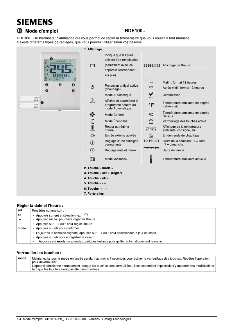 Page 1 de la notice Manuel utilisateur Siemens RDE100