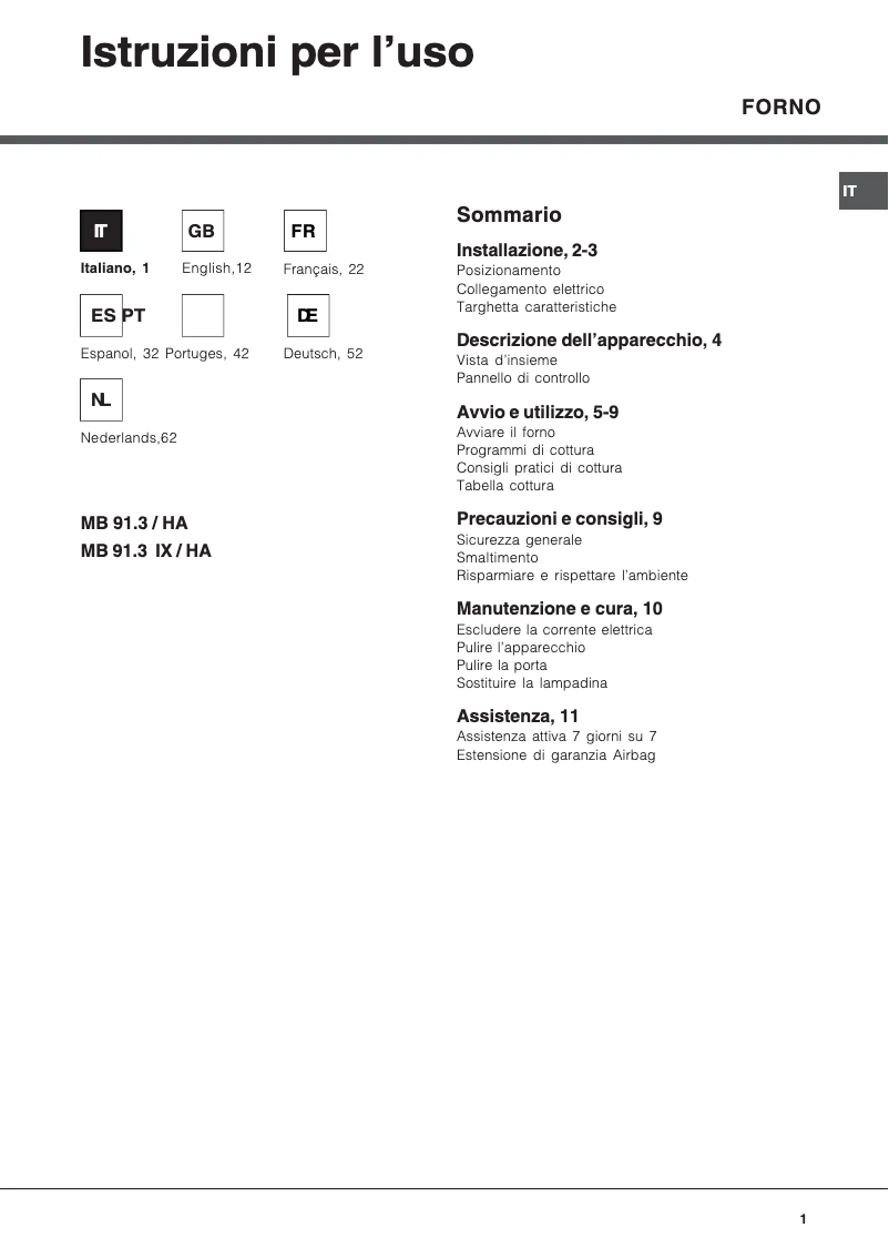 Page 1 de la notice Manuel utilisateur Hotpoint Ariston MB 91.3 IX /HA