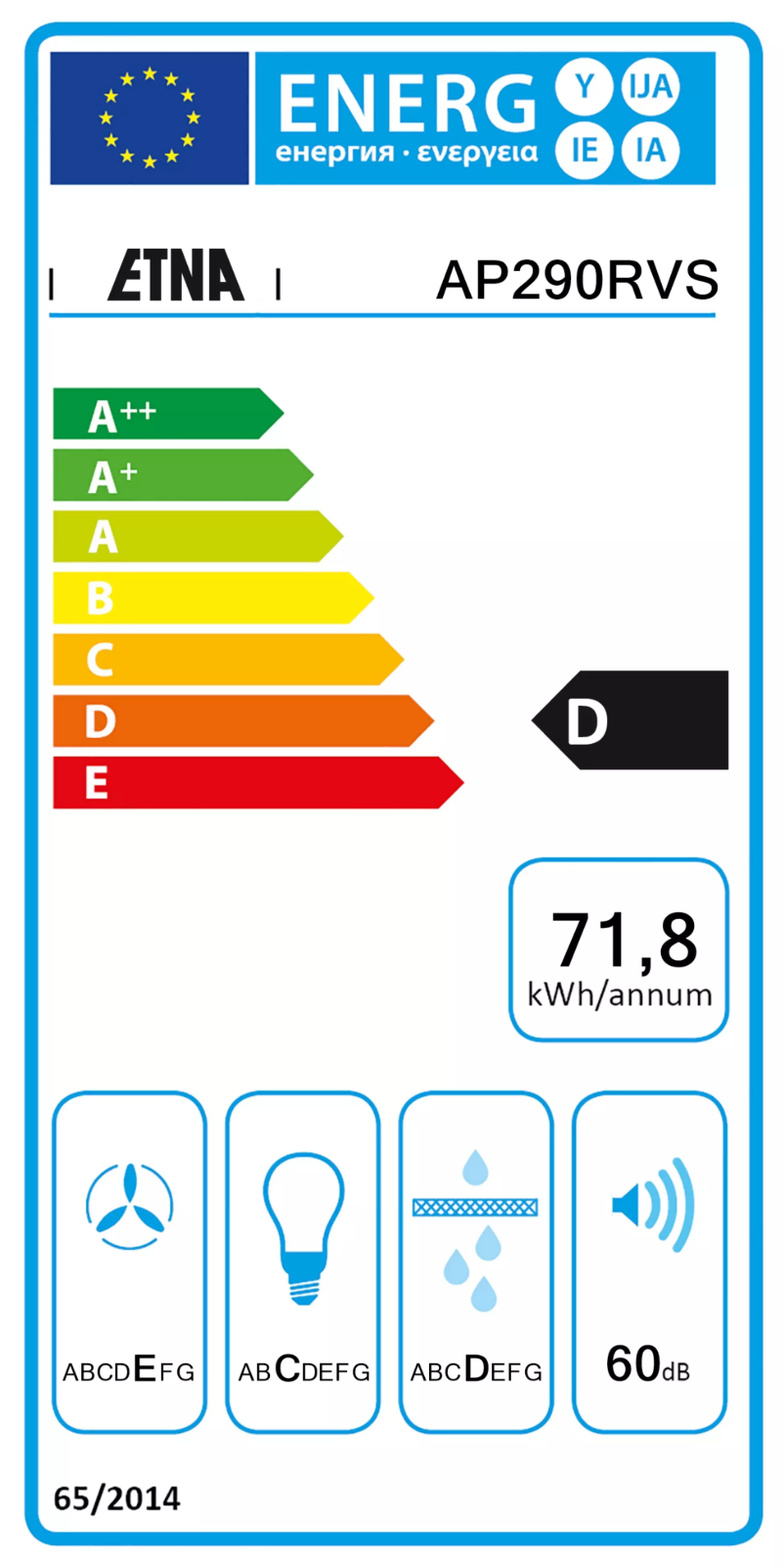 Page 1 de la notice Label énergétique Etna AP290RVS