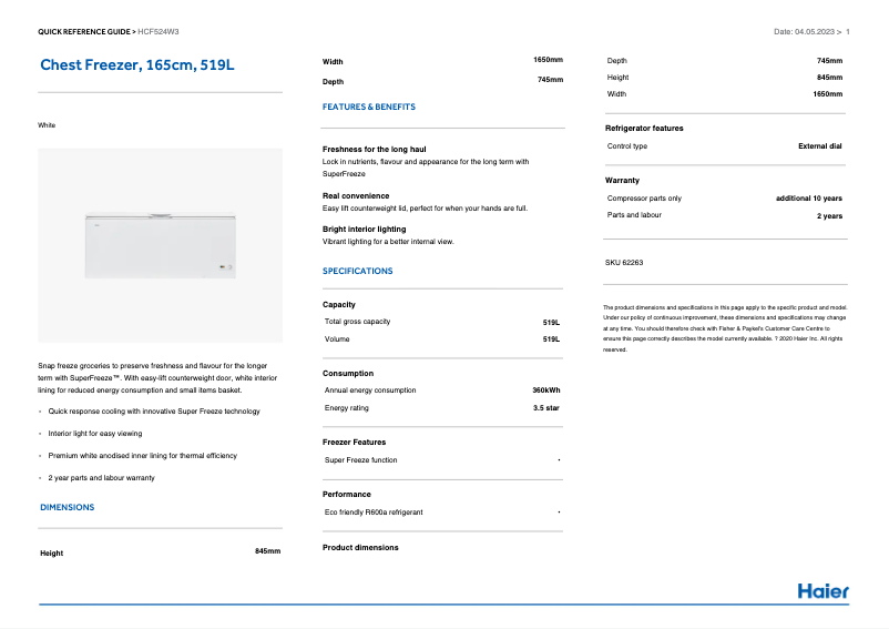 Page n°1 - Informations de garantie Haier HCF524W3